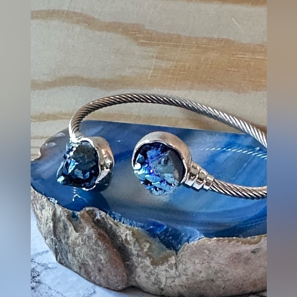 BRACELET CUFF SILVER TONE 6.75 DRUZY BLUE TWISTED ROPE 4139 B - Picture 7 of 13